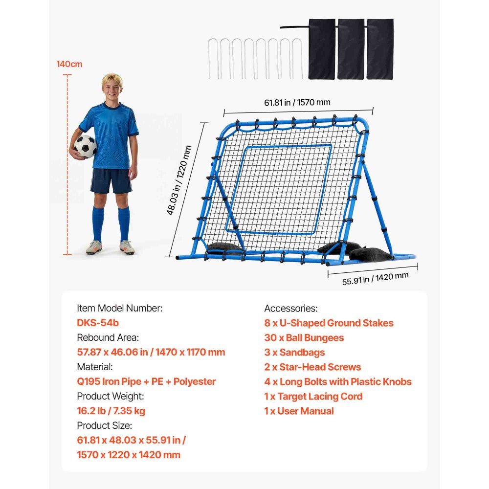 VEVOR Voetbal Rebounder 147 x 117 cm, Reboundnet met Verstelbare Hoek en Robuust IJzeren Frame, PE Trainingsnet voor Balcontrole & Passtraining, Baltrainingsapparaat voor Jeugd & Volwassenen