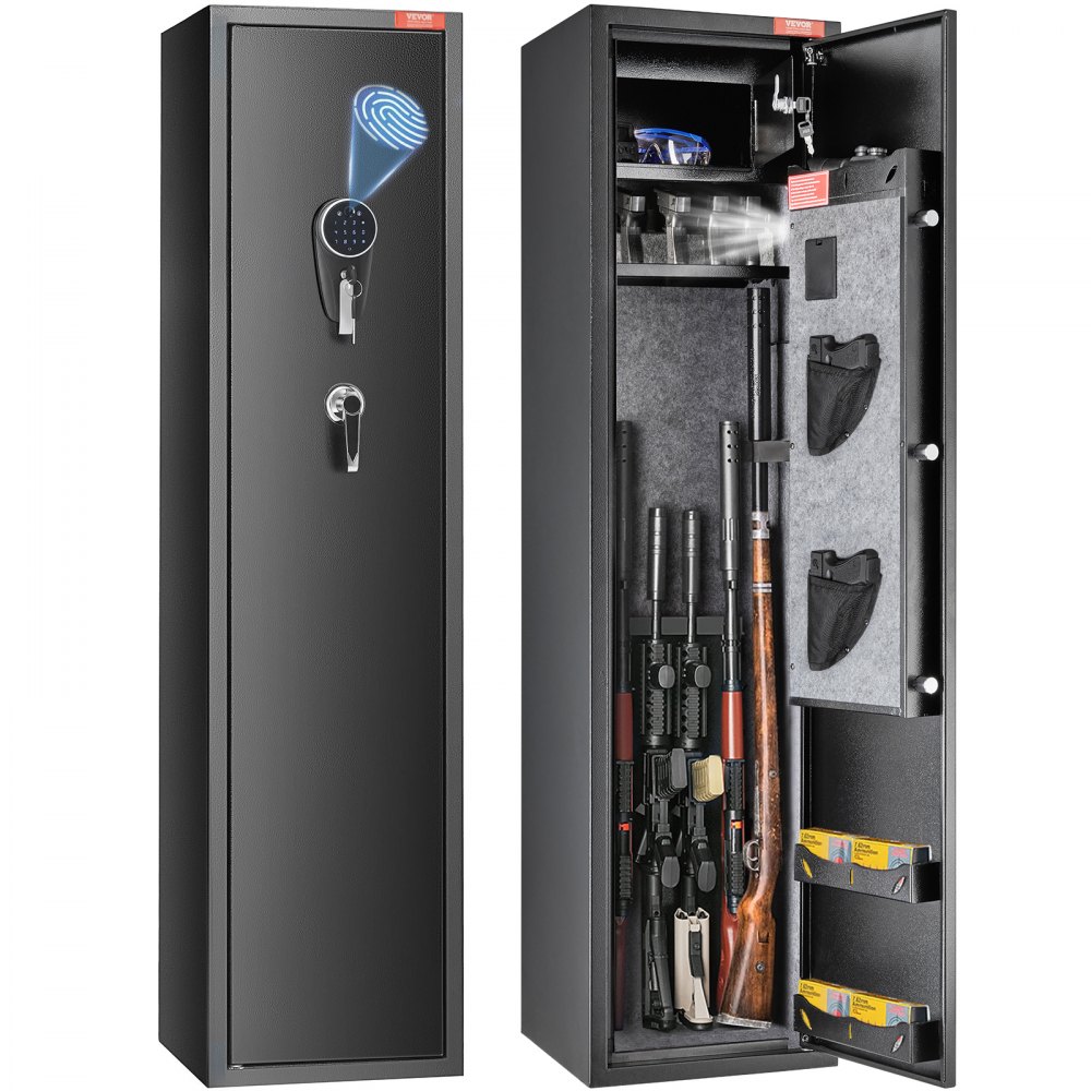 black VEVOR gun safe with biometric lock, storing rifles, ammo, and accessories on door pockets.