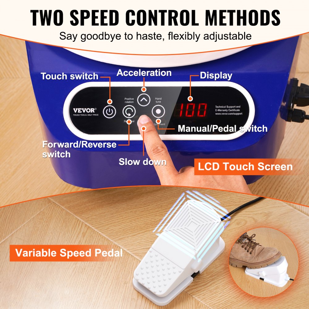 VEVOR Pottenbakkersschijf, 28 cm pottenbakkersvormmachine, 450 W elektrische pottenbakkersschijf met pedaal en LCD-touchscreen, keramische schijf met directe aandrijving en 3 steunpoten voor doe-het-zelf-knutselwerkjes, blauw