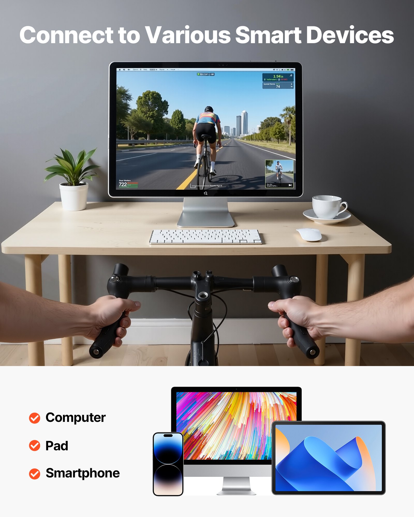 VEVOR fietstrainer met roller voor wielen van 660,4-736,6 mm / 700C, slimme stationaire fietstrainer voor racefietsen en mountainbikes, compatibel met de Zwift-app.