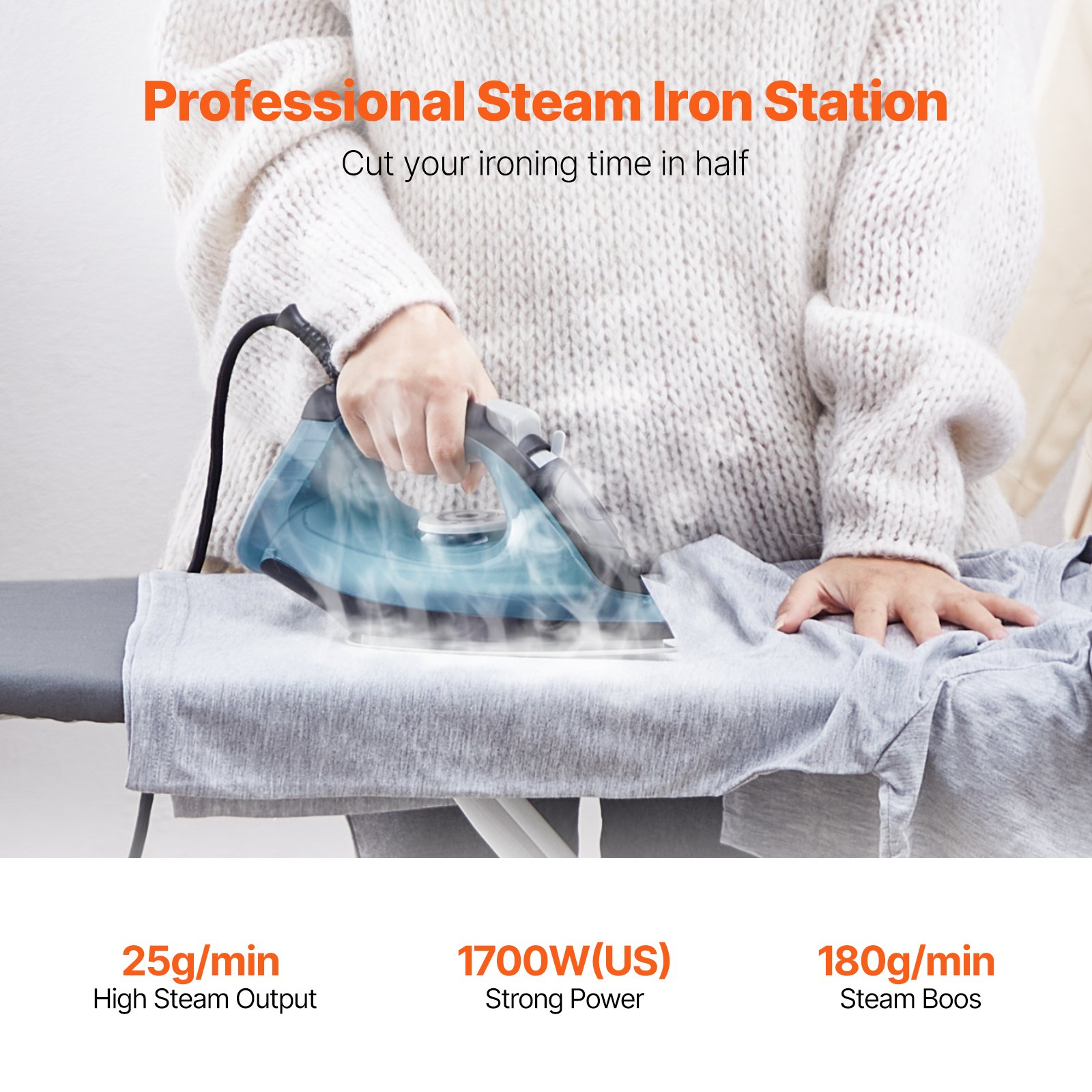 VEVOR Steam Iron, 1600W Iron for Clothes, Aluminum Alloy + PTFE Soleplate, Auto Shut-Off, Self-Cleaning, Four Temperature Settings, Quick Heating, Anti-Drip, Clothing Iron for Home Ironing Clothes