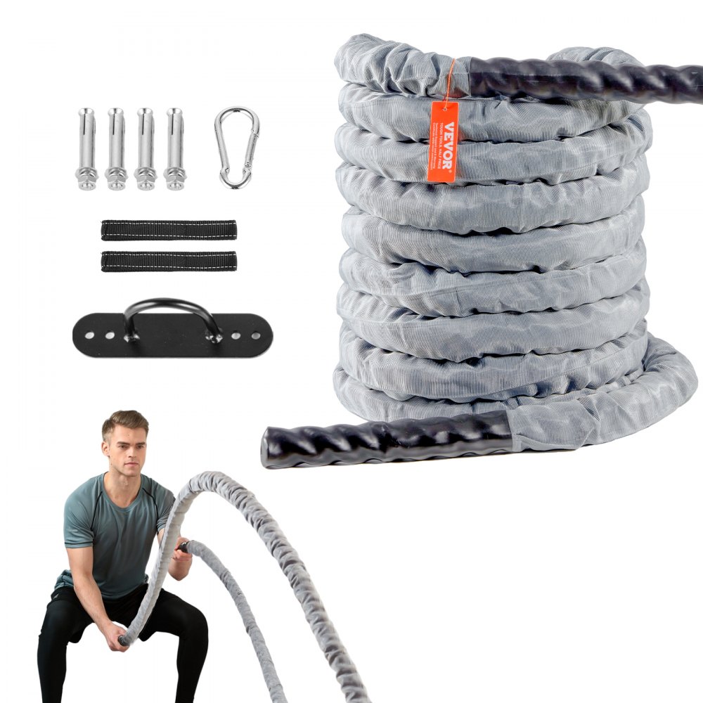 VEVOR battle rope set with rope, anchor, four bolts, carabiner, and man using battle ropes in a workout.