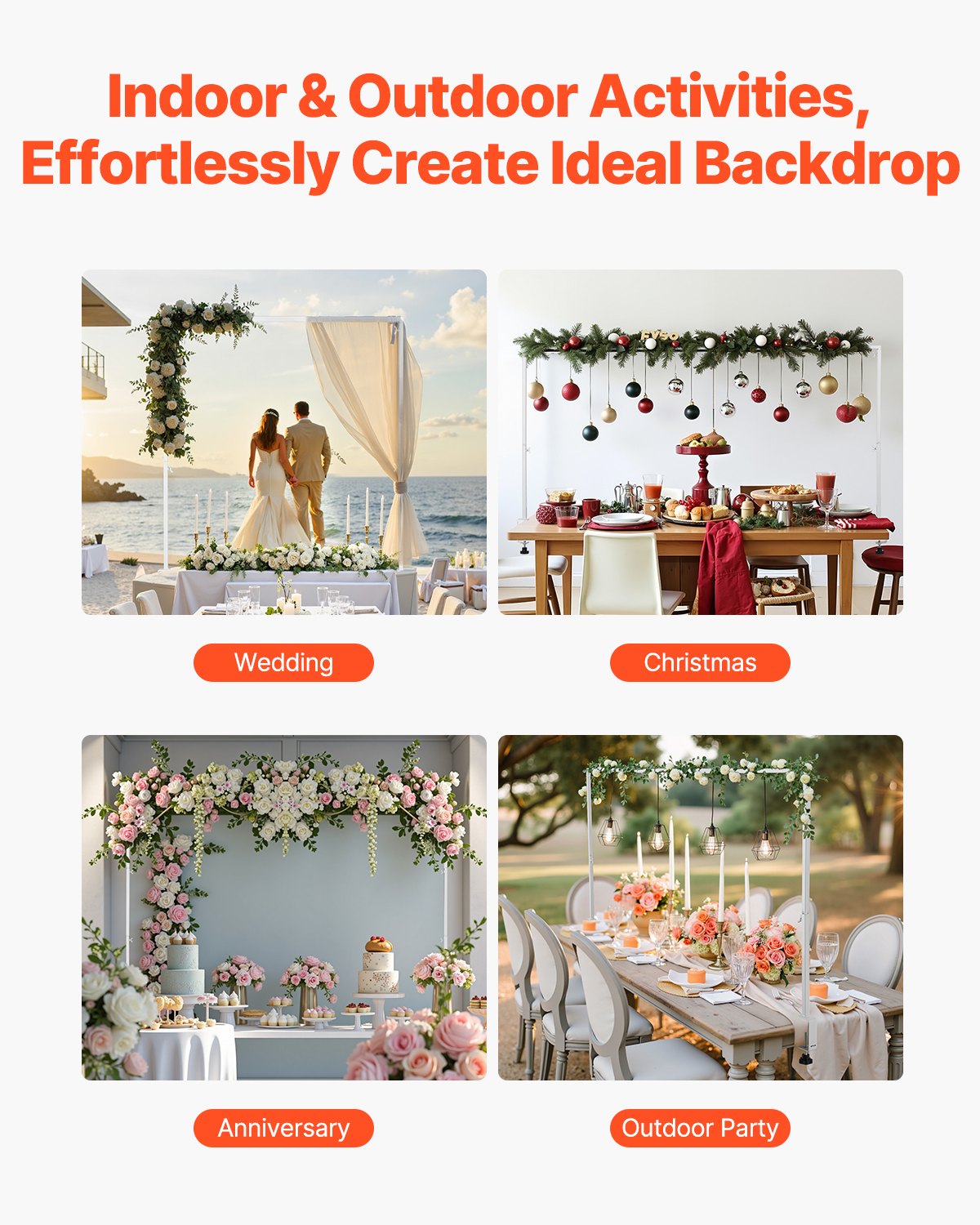 VEVOR Over The Table Rod Stand with Clamps, 13"-42'' Tall & 28"-98" Length Adjustable, Metal Table Arch Stand, Tabletop Balloon Arch Frame for Wedding Birthday Party Christmas Decorations, White