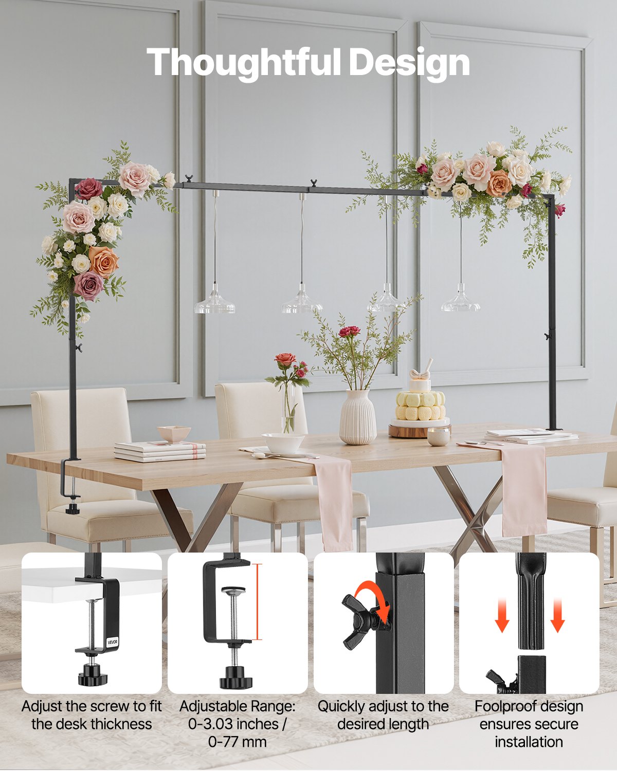 VEVOR Over The Table Rod Stand with Clamps, 13"-42" Tall & 28"-98" Length Adjustable, Metal Table Arch Stand, Tabletop Balloon Arch Frame for Wedding Birthday Party Christmas Decorations, Black