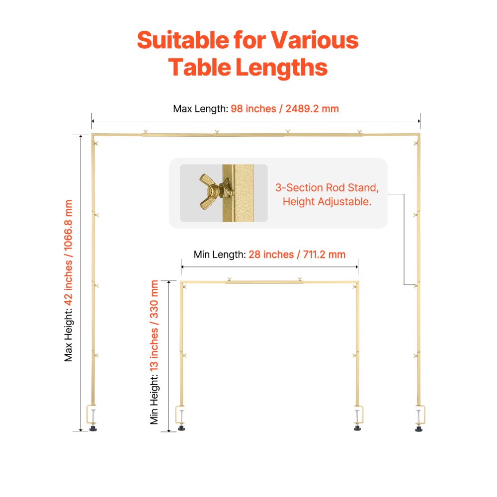 VEVOR Tafeldecoratie Tafelstang, 330-1066,8 mm hoog en 711,2-2489,2 mm lengte verstelbaar, tafelboog met klemmen, decoratief tafelframe voor bruiloft-, verjaardags- en kerstdecoraties, goudkleurig