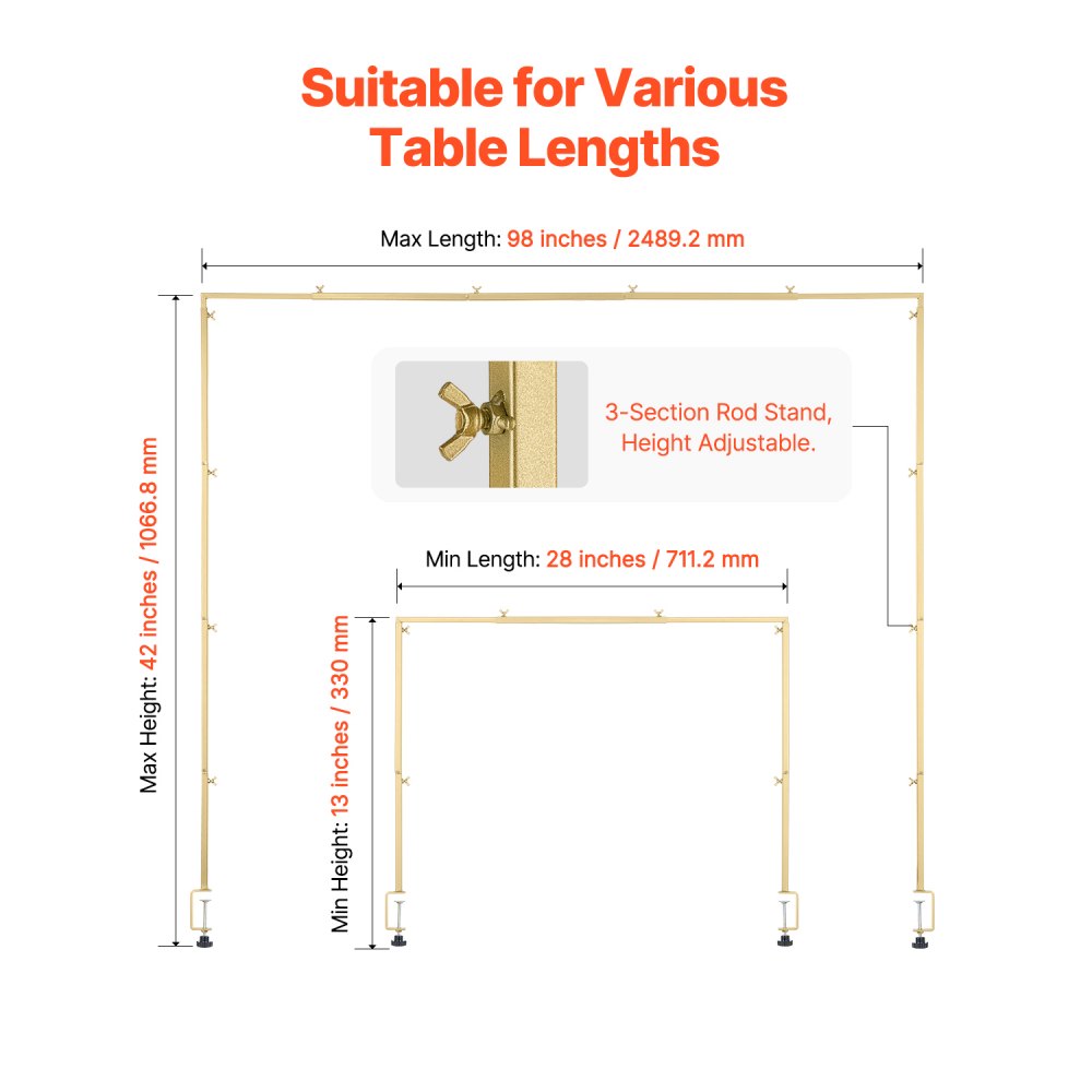 VEVOR Over The Table Rod Stand with Clamps, 13"-42" Tall & 28"-98" Length Adjustable, Metal Table Arch Stand with Rattan, Tabletop Balloon Arch Frame for Wedding Birthday Christmas Decorations, Gold