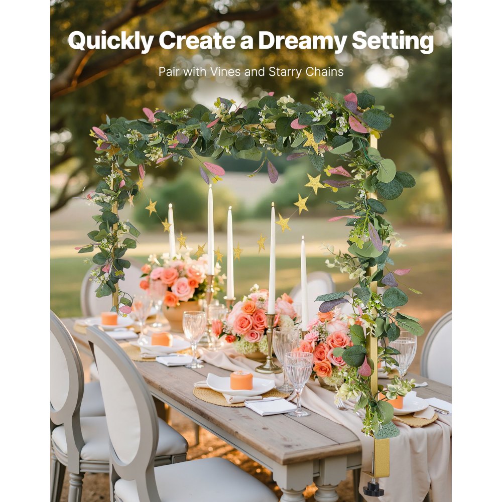 VEVOR Over The Table Rod Stand with Clamps, 13"-42" Tall & 28"-98" Length Adjustable, Metal Table Arch Stand with Rattan, Tabletop Balloon Arch Frame for Wedding Birthday Christmas Decorations, Gold