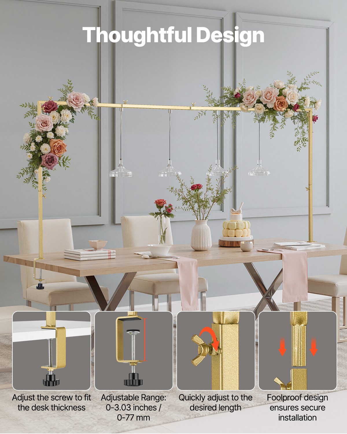 VEVOR Over The Table Rod Stand with Clamps, 13"-42" Tall & 28"-98" Length Adjustable, 2 Packs Table Arch Stand, Tabletop Balloon Arch Frame for Wedding Birthday Party Christmas Decorations, Gold