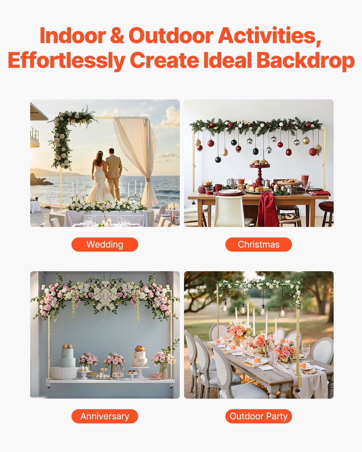 VEVOR Over The Table Rod Stand with Clamps, 13"-42" Tall & 28"-98" Length Adjustable, 2 Packs Table Arch Stand, Tabletop Balloon Arch Frame for Wedding Birthday Party Christmas Decorations, Gold