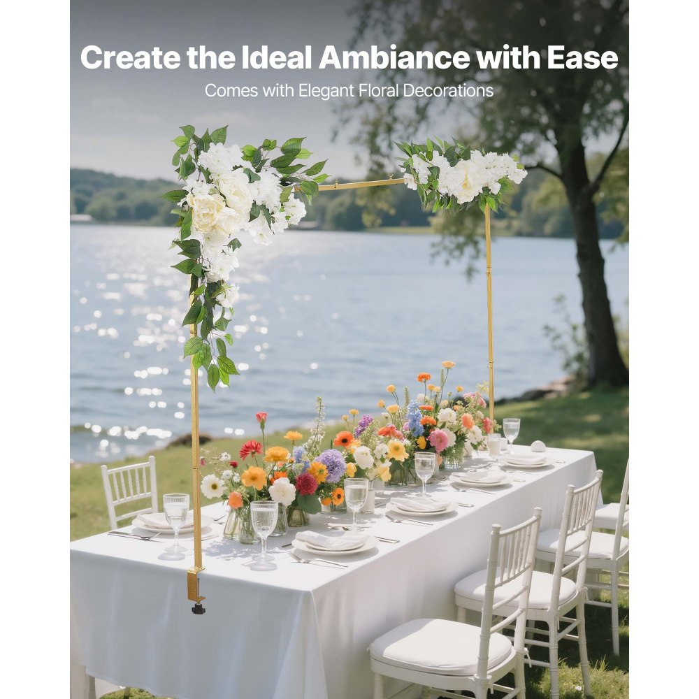 VEVOR Over the Table Rod Stand with Clamps, Adjustable 28"-98" Length & 13"-42" Height, Table Arch Stand with Floral Accessories, Gold Balloon Frame for Wedding Birthday Party Christmas Decoration