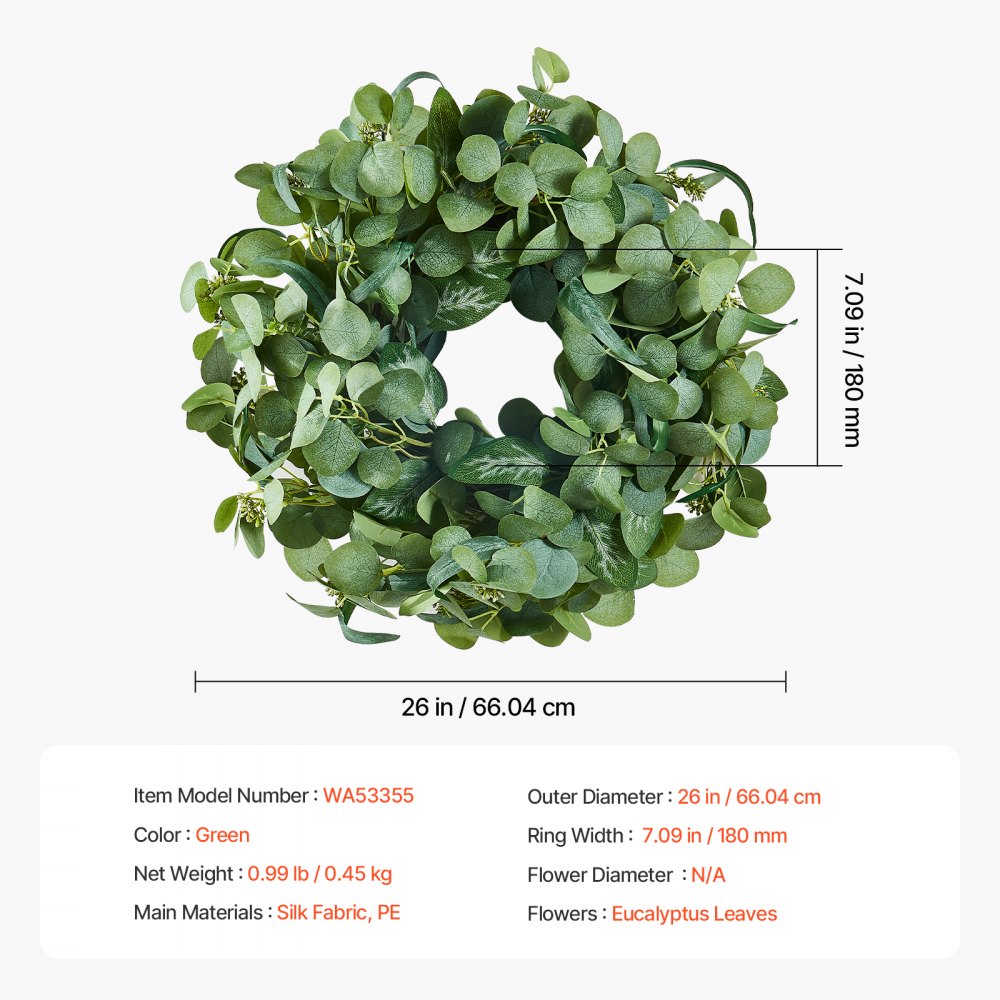 VEVOR Artificial Decorative Wreath, 26 in, Green, Decorated with Eucalyptus Leaves, Berries, Thorny Stems, Year Round Wreath for All Seasons Indoor and Outdoor Home Wall Window Festival Decorations