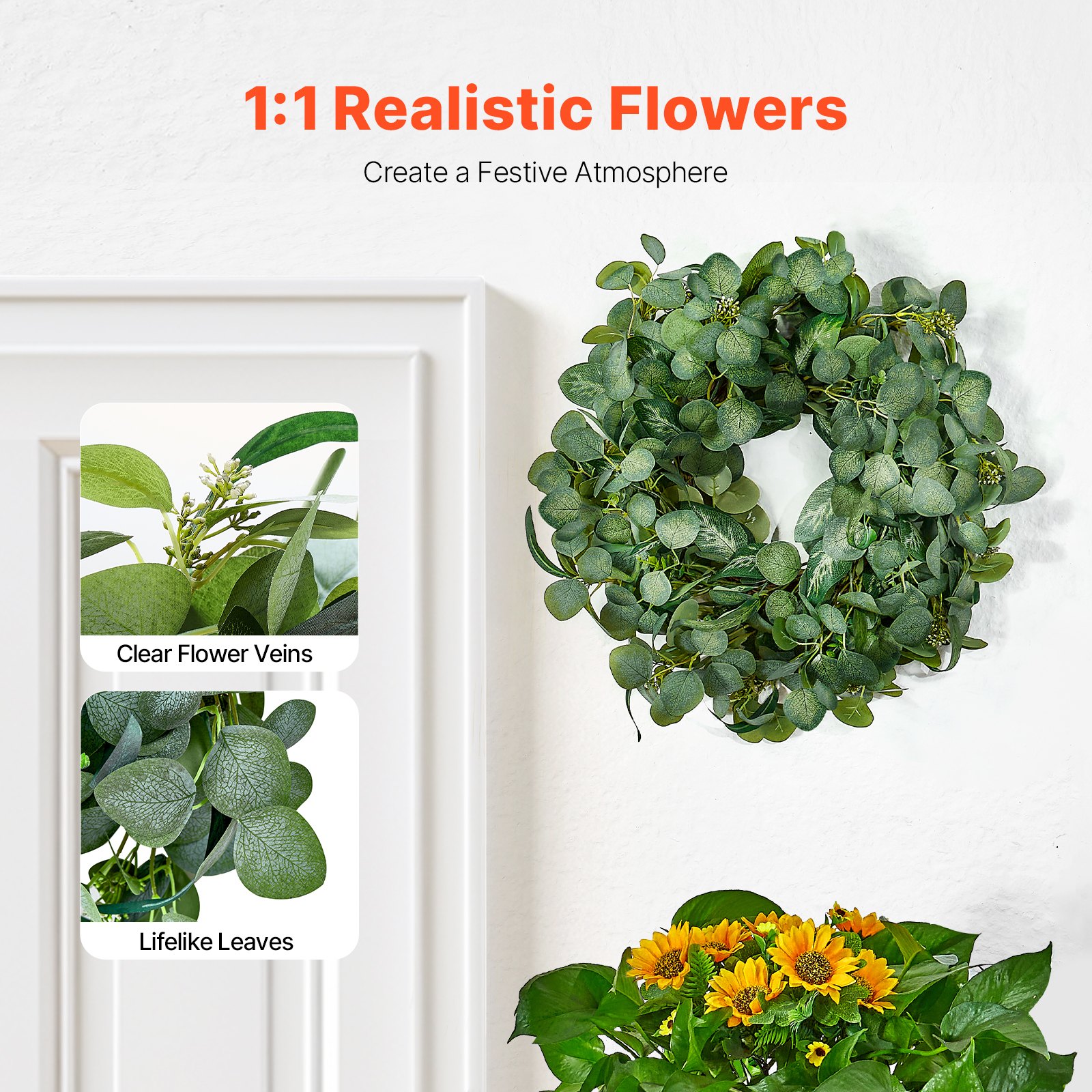 VEVOR Artificial Decorative Wreath, 26 in, Green, Decorated with Eucalyptus Leaves, Berries, Thorny Stems, Year Round Wreath for All Seasons Indoor and Outdoor Home Wall Window Festival Decorations