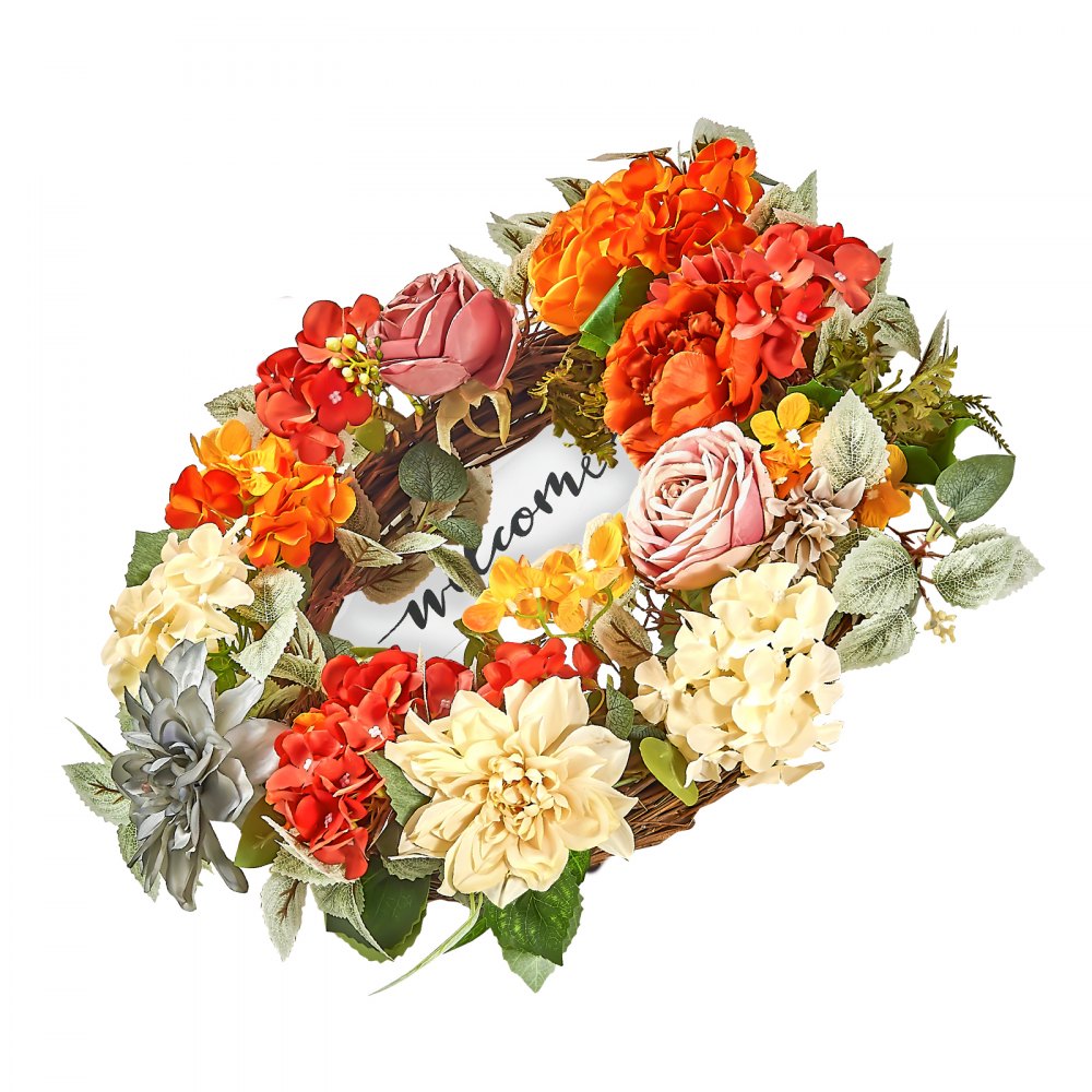 VEVOR Kunstmatige decoratieve krans, 60,96 cm, rood, oranje, geel, versierd met hortensia's, rozen, houten bord, krans voor alle seizoenen, deurkrans, seizoenskrans, binnen en buiten, huismuur, raam, vakantiedecoratie