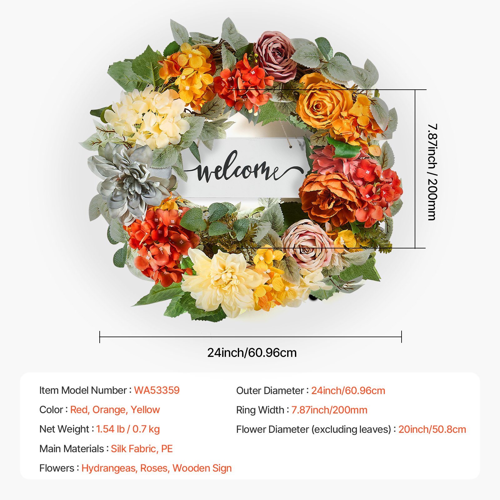 VEVOR Kunstmatige decoratieve krans, 60,96 cm, rood, oranje, geel, versierd met hortensia's, rozen, houten bord, krans voor alle seizoenen, deurkrans, seizoenskrans, binnen en buiten, huismuur, raam, vakantiedecoratie