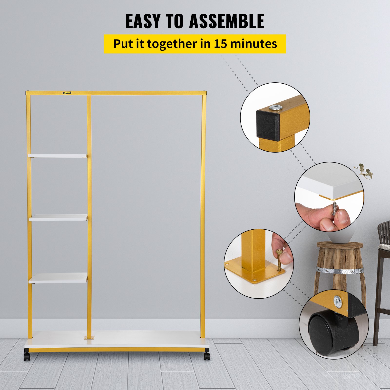 VEVOR Mobiel Kledingrek Kapstok 4 Lagen 100x36x150cm Golden