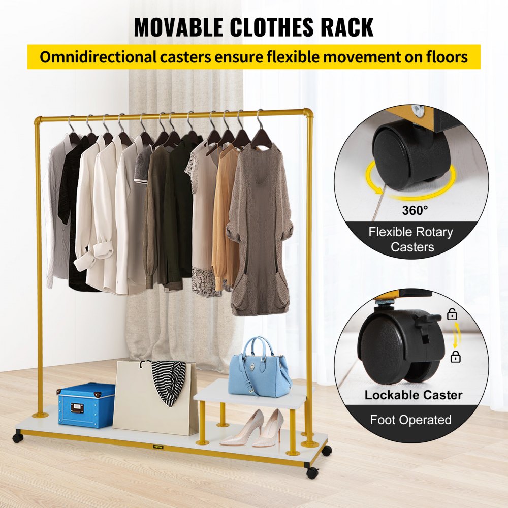 VEVOR Clothing Garment Rack, 150 x 36 x 160 cm, Heavy-duty Clothes Rack with Bottom Shelf & Side Shelf, 4 Swivel Casters, Sturdy Steel Frame, Rolling Clothes Organizer for Retail Store Boutique, Gold
