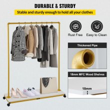 VEVOR Clothing Garment Rack, 120 x 36 x 160 cm, Heavy-duty Clothes Rack with Bottom Shelf, 4 Swivel Casters, Sturdy Steel Frame, Rolling Clothes Organizer for Laundry Room Retail Store Boutique, Gold