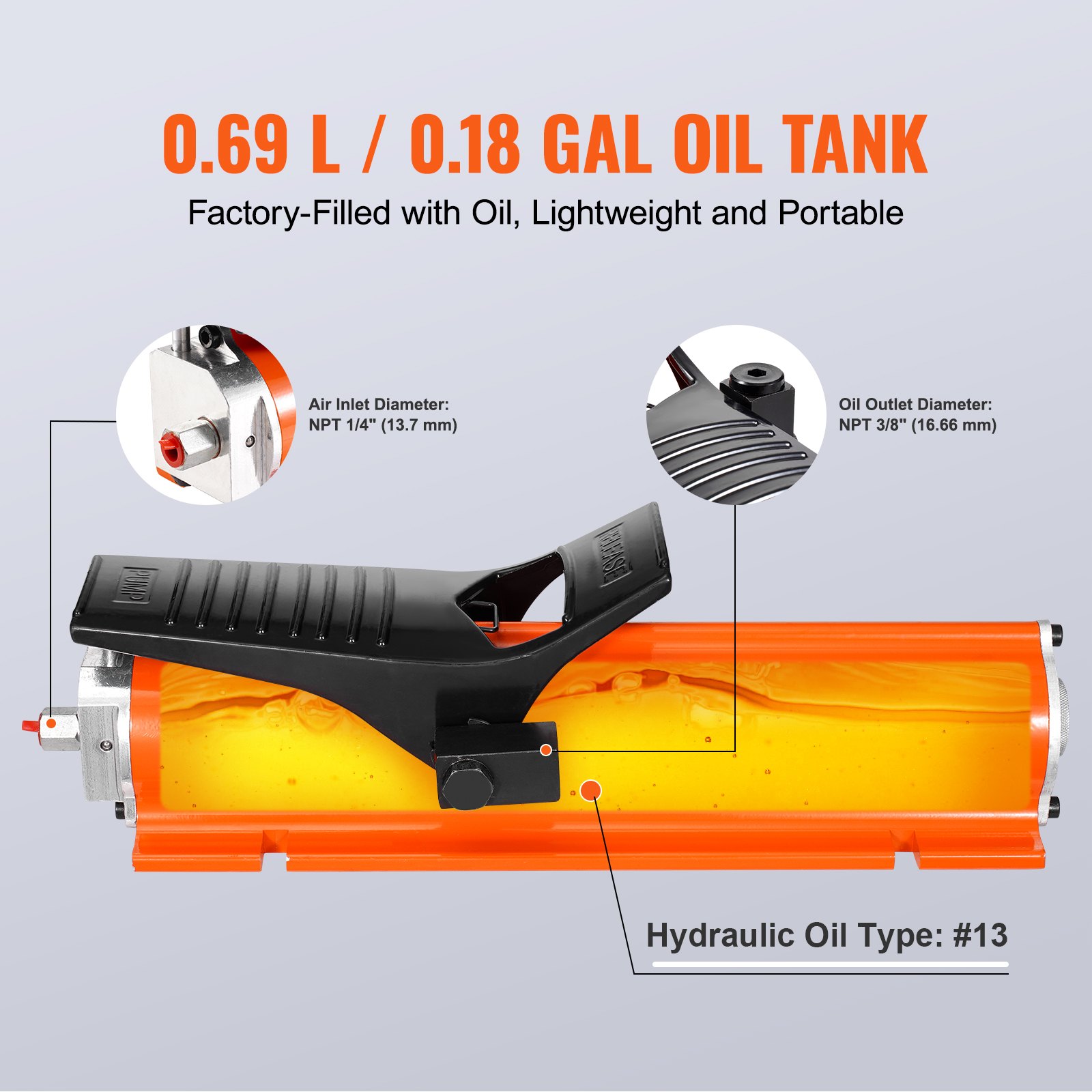 VEVOR 10.000 PSI luchthydraulische pomp, reservoir van 0,69 l, NPT 3/8 inch uitlaat, NPT 1/4 inch inlaat, luchtbediende voetpomp met metalen behuizing, voor precisie-industriële machines en lucht- en ruimtevaartapparatuur
