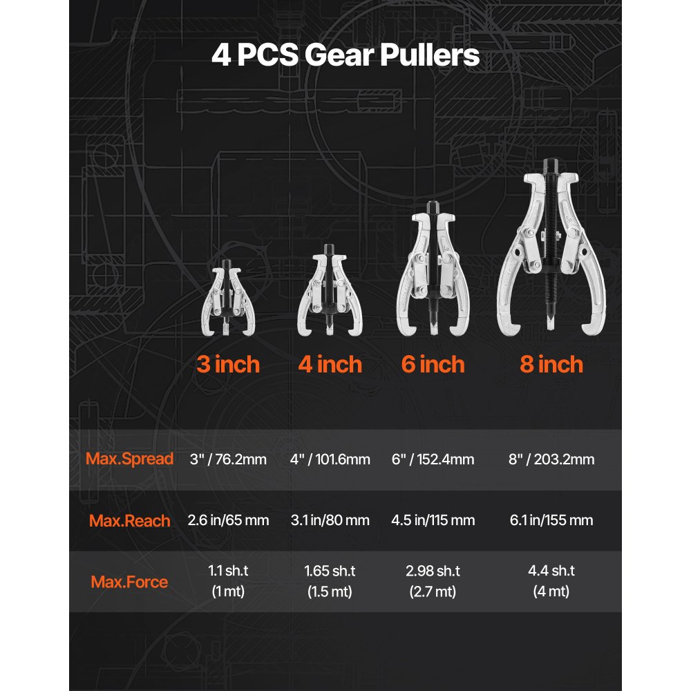 VEVOR Gear Puller Set, 3 in/4 in/6 in/8 in 3 Jaw Bearing Puller with Reversible Jaws, 2 Jaw/3 Jaw Pulley Puller Tool, 4 PCS Heavy Duty Bearing Puller Tool Kit for Pulley Gear Bearing Flywheel Removal