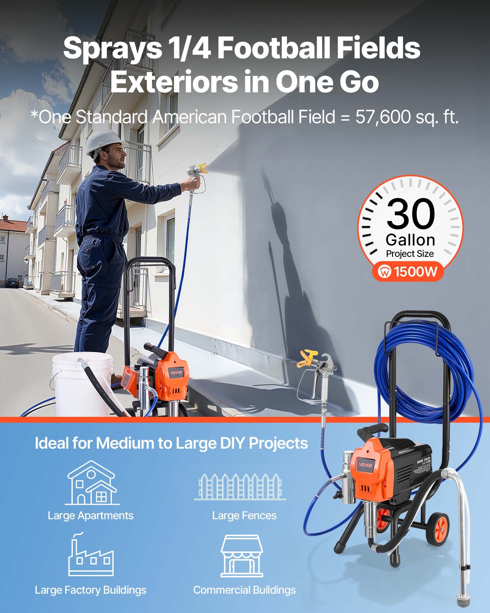 VEVOR Airless verfspuit met standaard, 1500 W, 3300 psi, verfspuitsysteem met reinigingsborstel, slang, verlengstok en spuitmonden, verfspuit voor huizen en gebouwen