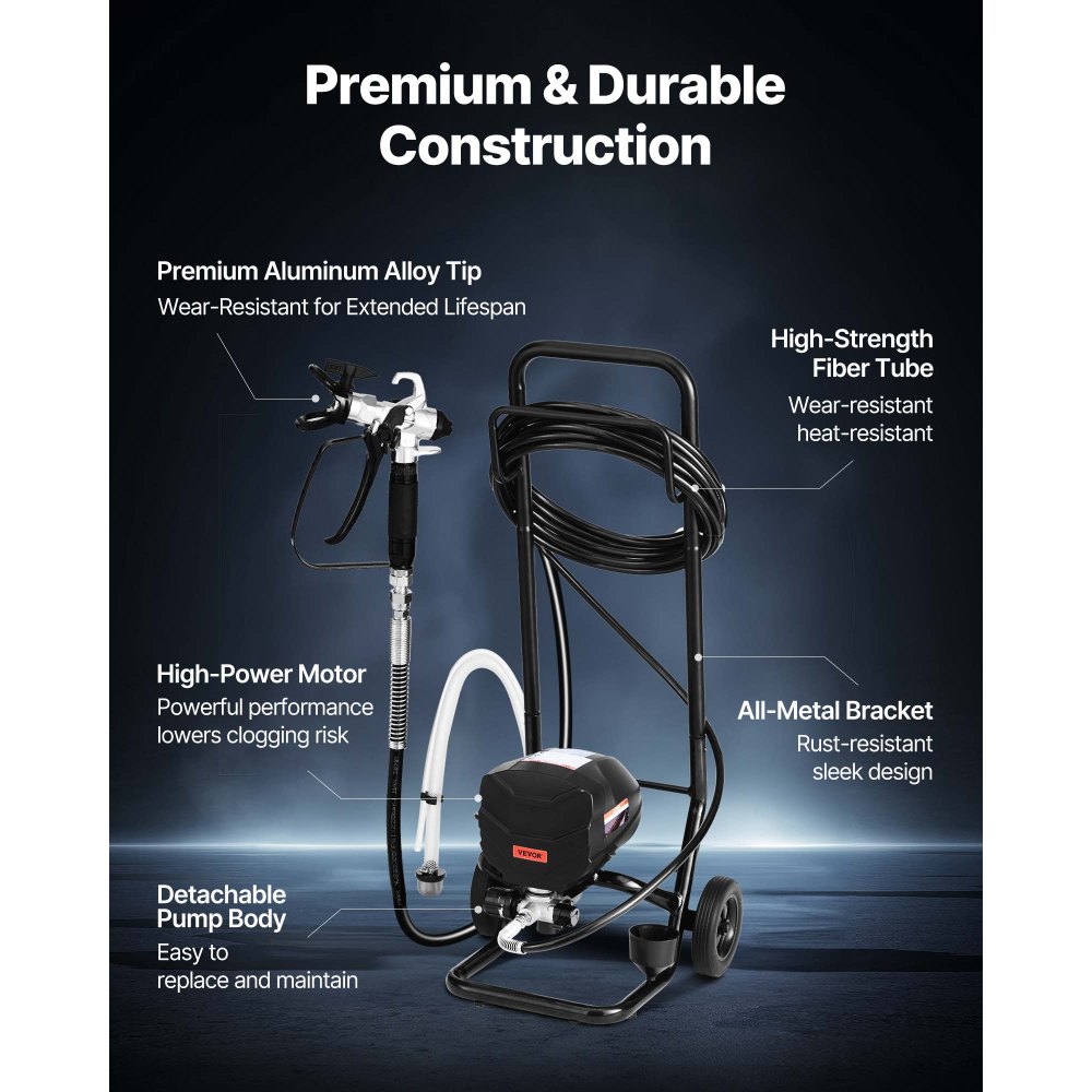 VEVOR Stand Airless Paint Sprayer, 650W, 3000PSI High Pressure Airless Sprayer with Cart, Cleaning Brush, Hose, Extension Rod, Nozzles, Electric Spray Paint Machine for House Exterior and Interior