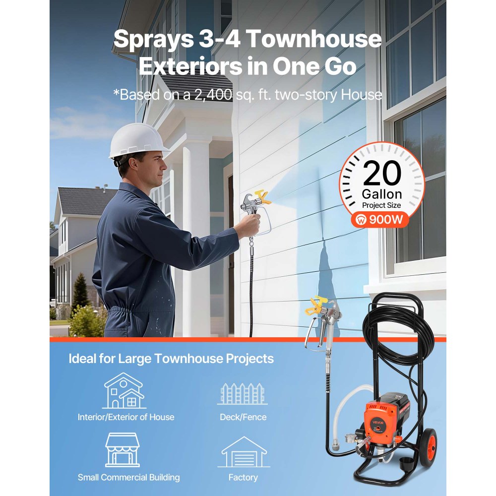 VEVOR Airless verfspuit met standaard, 900 W, 3300 psi, verfspuitsysteem met reinigingsborstel, slang, verlengstang en sproeiers, verfspuit voor woningen en gebouwen