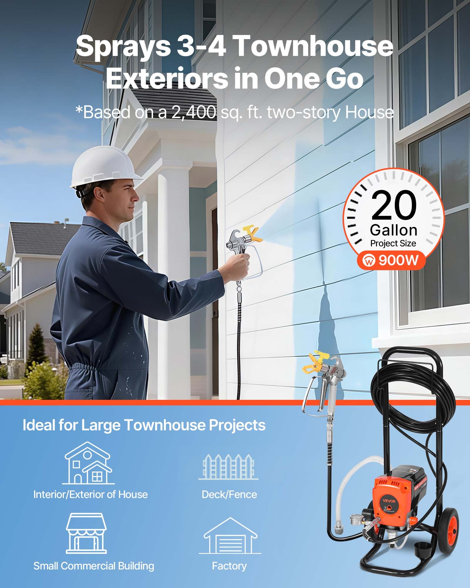 VEVOR Airless verfspuit met standaard, 900 W, 3300 psi, verfspuitsysteem met reinigingsborstel, slang, verlengstang en sproeiers, verfspuit voor woningen en gebouwen