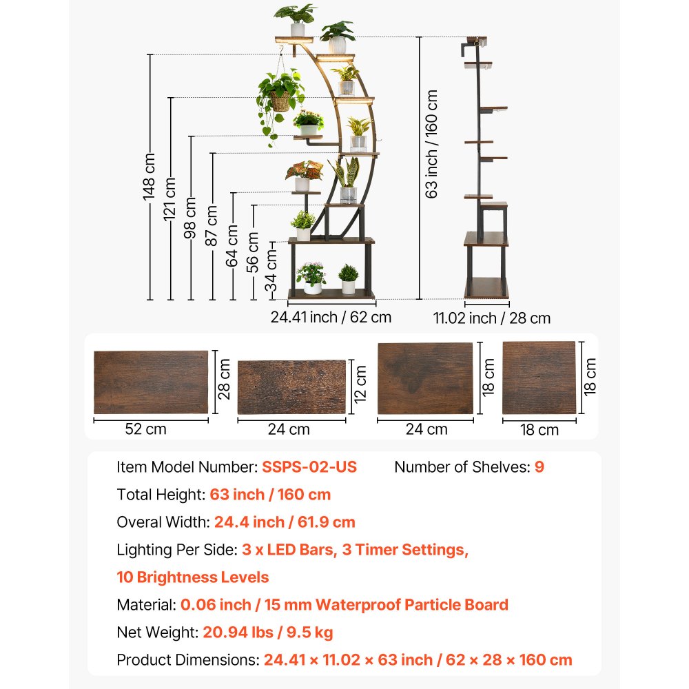 VEVOR plantenstandaard met groeilamp, metalen bloemenstandaard met 9 niveaus, 3 timer en 10 helderheidsniveaus, bloemenplank voor woonkamer- en balkondecoratie, 62x28x160 cm
