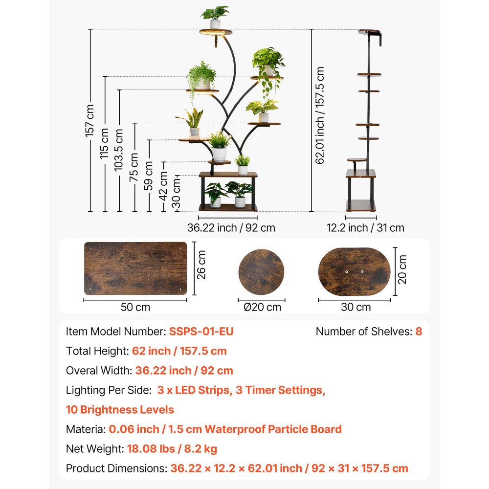 VEVOR plantenstandaard met kweeklampen, 8-laags plantenplank, bloemenstandaard, 3 timers en 10 helderheidsniveaus, bloemenrek als decoratie voor woonkamer en balkon, 920x310x1575 mm