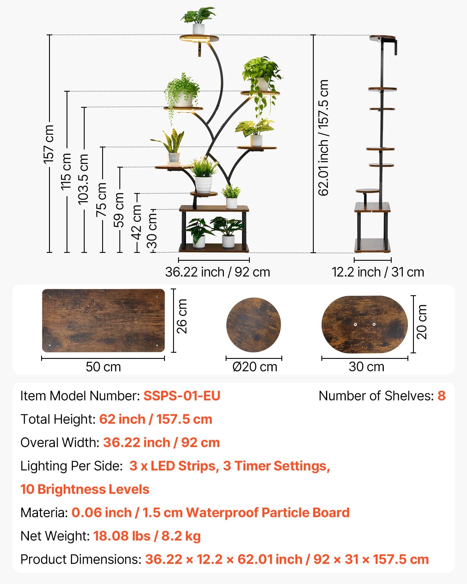 VEVOR plantenstandaard met kweeklampen, 8-laags plantenplank, bloemenstandaard, 3 timers en 10 helderheidsniveaus, bloemenrek als decoratie voor woonkamer en balkon, 920x310x1575 mm