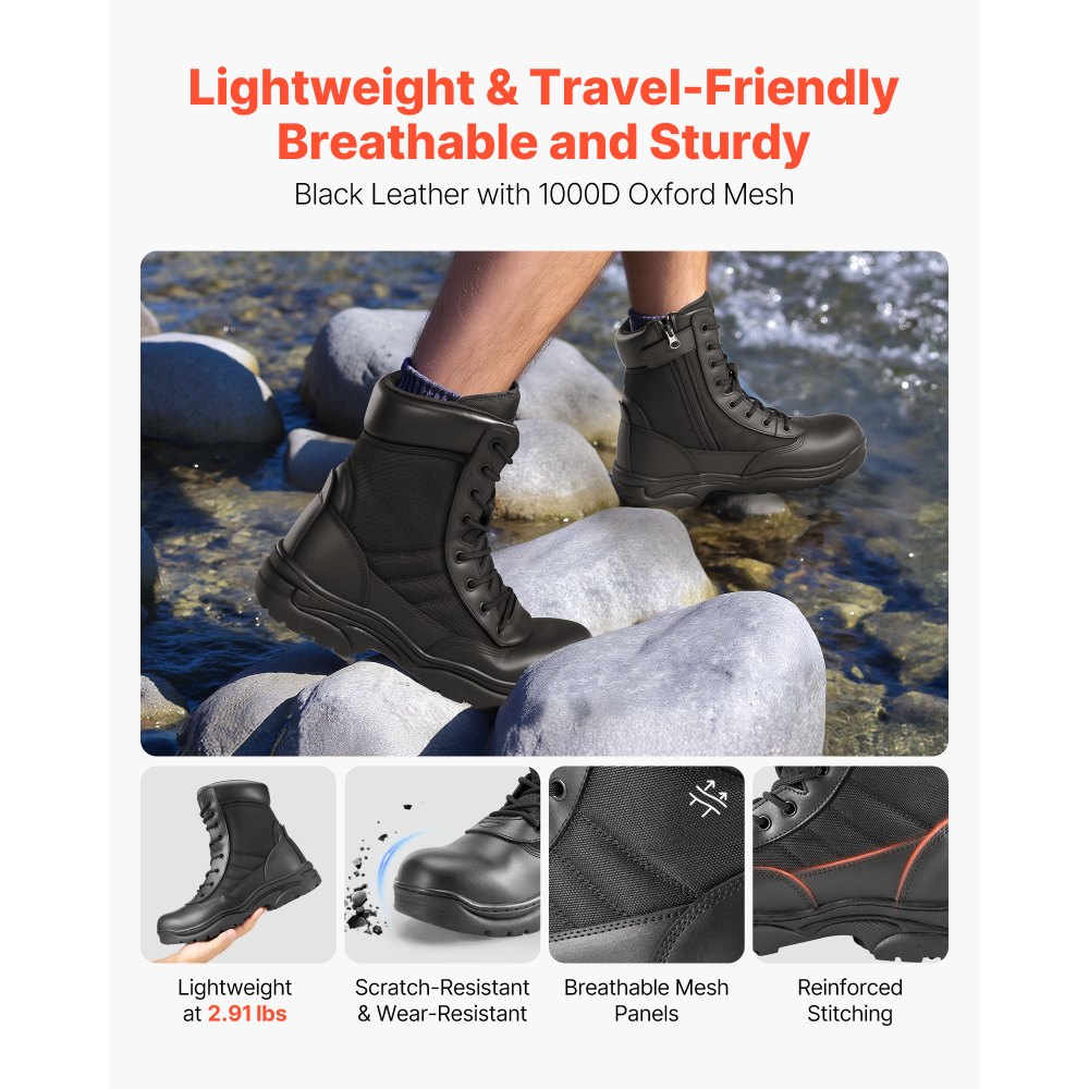 VEVOR Men's Military Tactical Boots, 203 mm Combat Hiking Work Boots, Lightweight & Breathable Side Zipper Mens Motorcycle Interceptor Trooper Boot, for Outdoor Security Mountaineering, UK Size 10