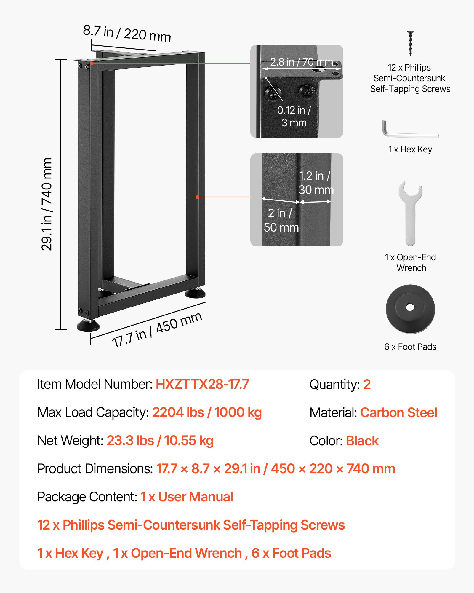 VEVOR Tafelpoten, Set van 2, 450x220x740 mm, T-vormige tafelvoet, Draagvermogen 1000 kg, Tafelpoten van koolstofstaal, Meubelvoeten, Tafelonderstel, Tafelpoten voor bureaus, salontafels, eettafels, Zwart
