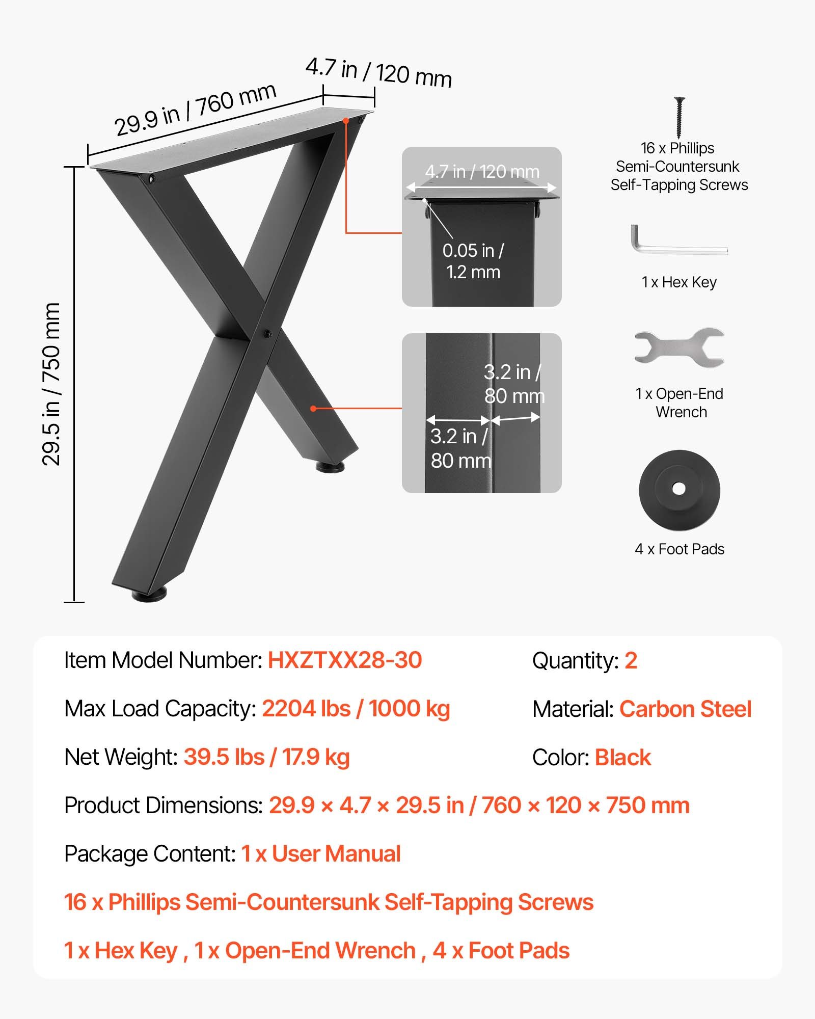 VEVOR Table Legs, 29.5" H x 29.9" W Steel Furniture Legs, Modular Design, Easy Assembly, 2204 lbs Max Load Heavy Duty, for Home Office Desk, Coffee Dinner Bar Tables, Workbench,2 PCS, X Frame, Black