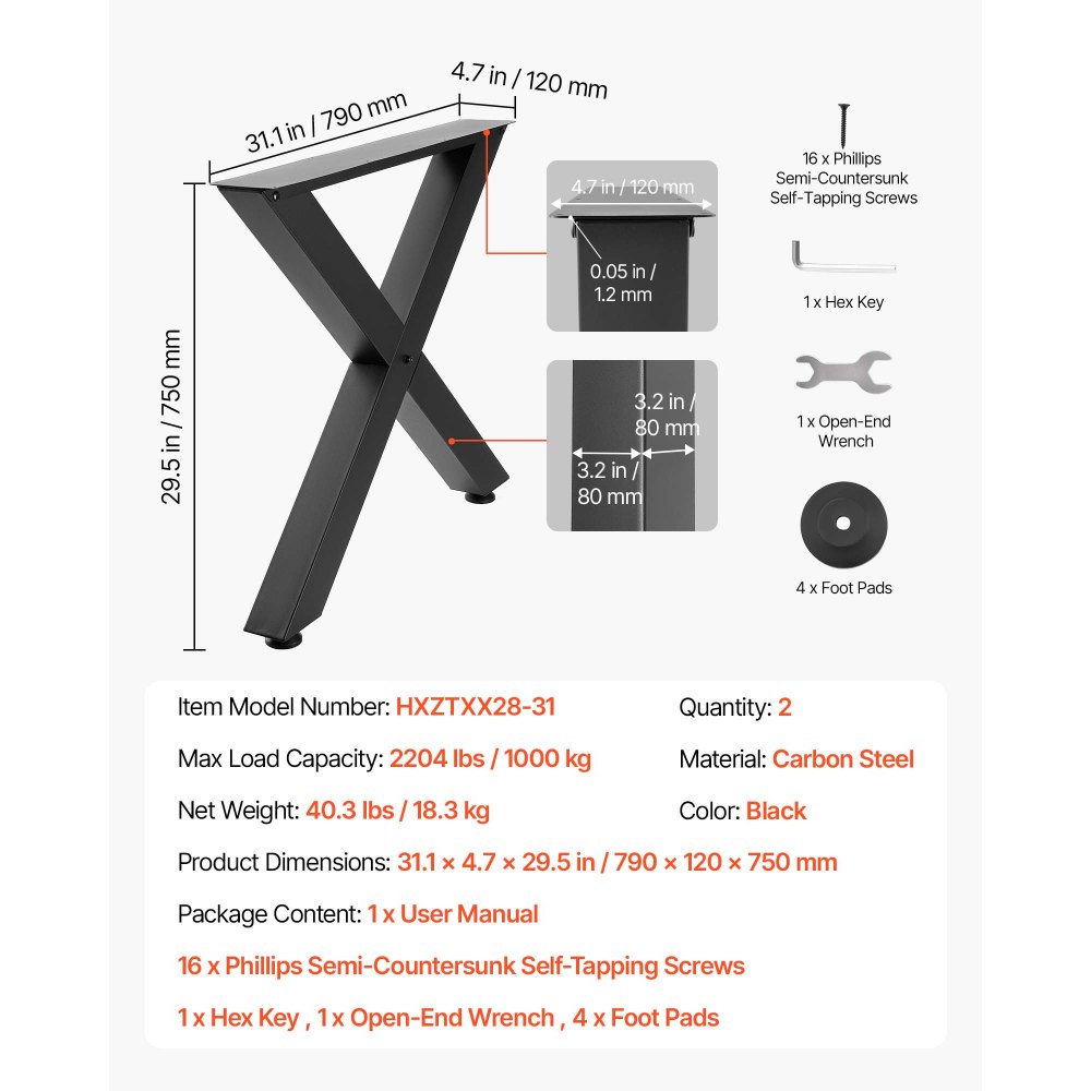 VEVOR Tafelpoten, Set van 2, 790x750 mm, X-vormige tafelvoet, Draagvermogen 1000 kg, Tafelpoten van koolstofstaal, Meubelvoeten, Tafelonderstel, Tafelpoten voor bureaus, salontafels, eettafels, Zwart