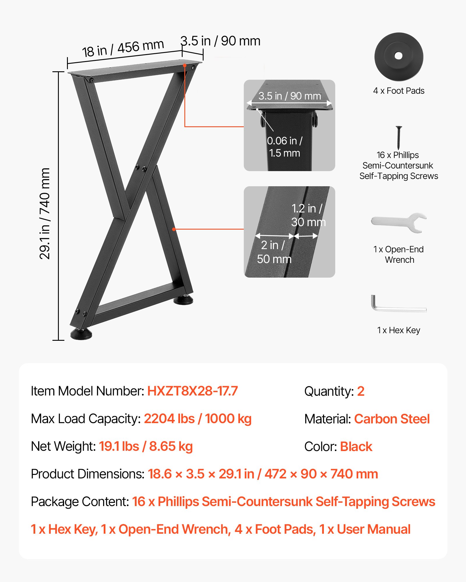VEVOR Table Legs, 29.1" H x 18.6" W Steel Furniture Legs, Modular Design, Easy Assembly, 2204 lbs Max Load Heavy Duty, Z Shape for Home Office Desk DIY, Coffee Dinner Tables, Workbench,2 PCS, Black