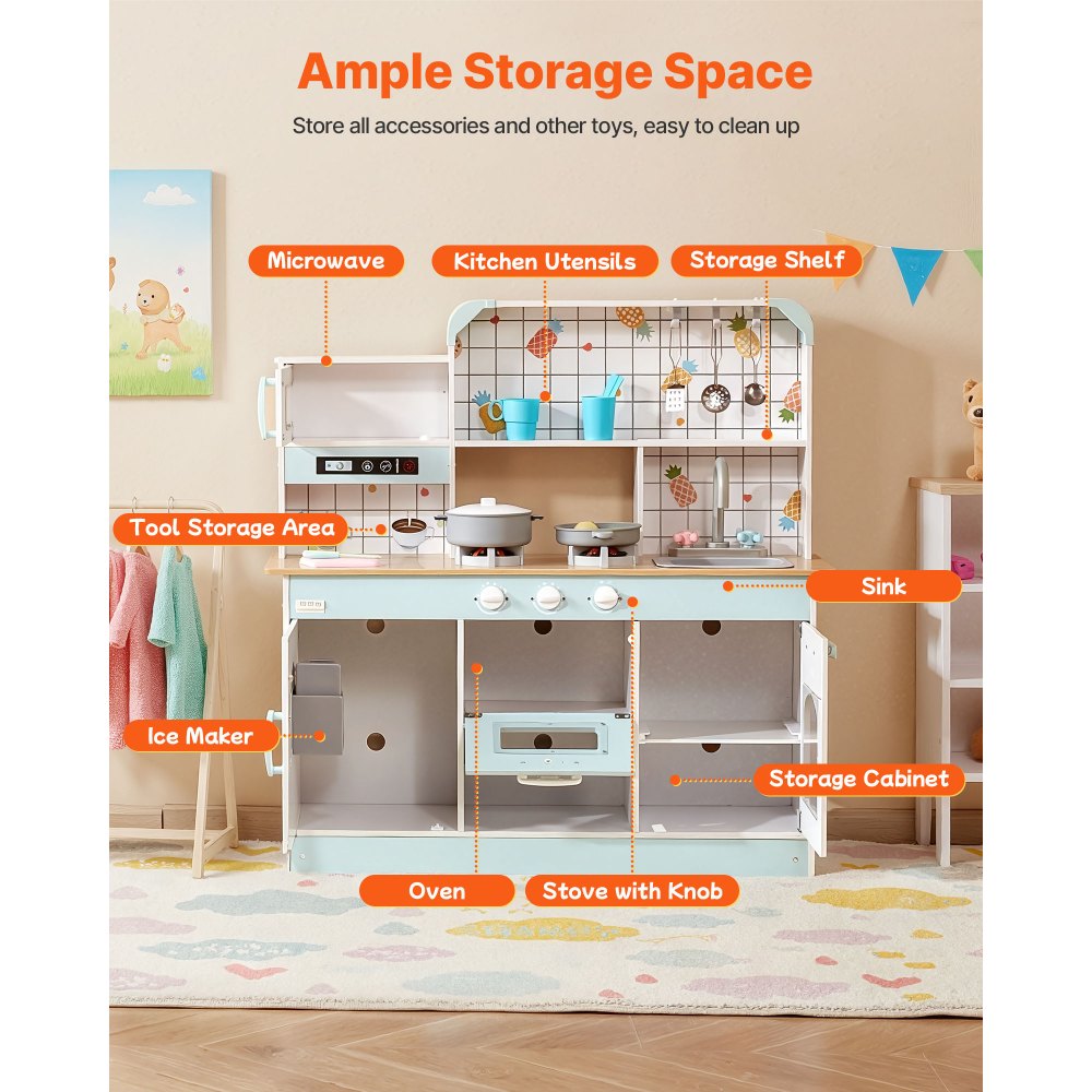 VEVOR Play Kitchen for Kids, Wooden Toy Kitchen Set with Lights and Sounds, Toddler Kitchen with Ice Maker, Oven, Sink, Microwaves, Fridge and Utensil and Fruit Accessory for Toddlers ages 3-8, White