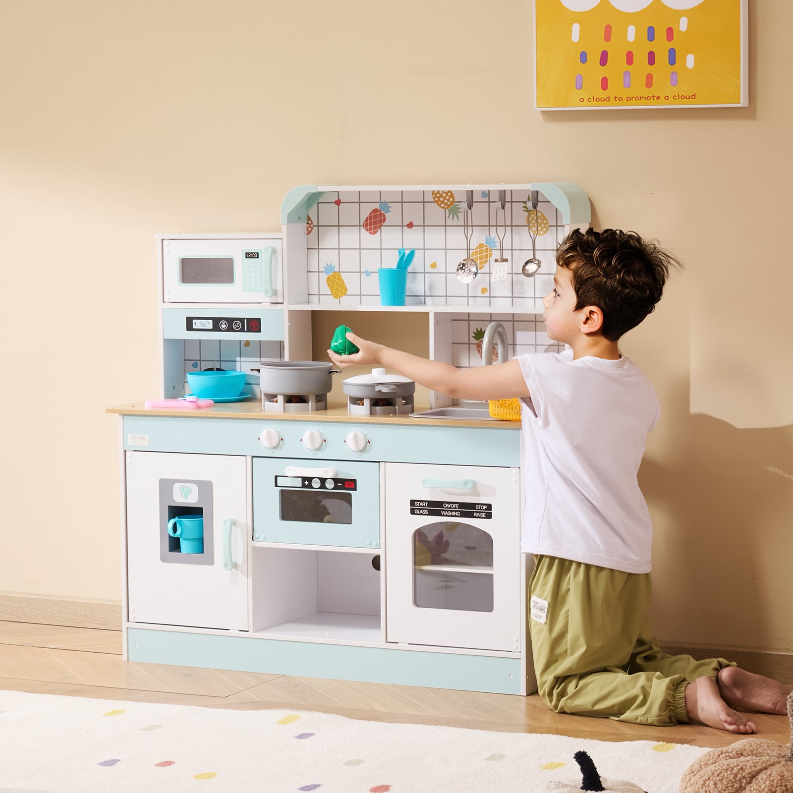 VEVOR Speelkeuken voor kinderen, houten speelgoedkeukenset met licht en geluid, peuterkeuken met ijsmachine, oven, gootsteen, magnetron, koelkast en keukengerei en fruitaccessoires voor peuters van 3 tot 8 jaar, wit