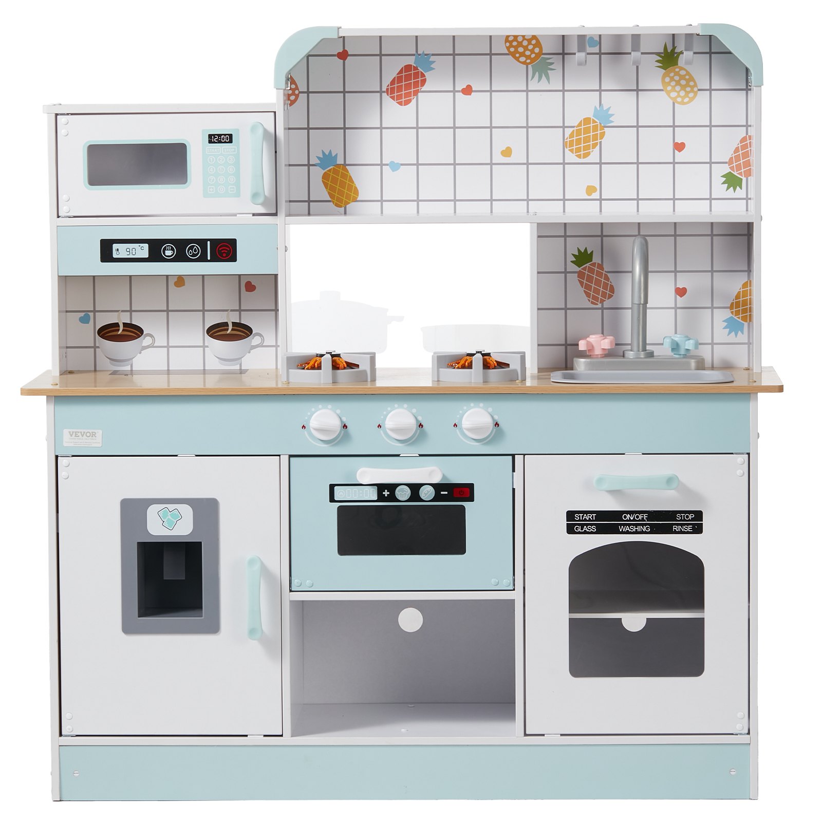 VEVOR Speelkeuken voor kinderen, houten speelgoedkeukenset met licht en geluid, peuterkeuken met ijsmachine, oven, gootsteen, magnetron, koelkast en keukengerei en fruitaccessoires voor peuters van 3 tot 8 jaar, wit