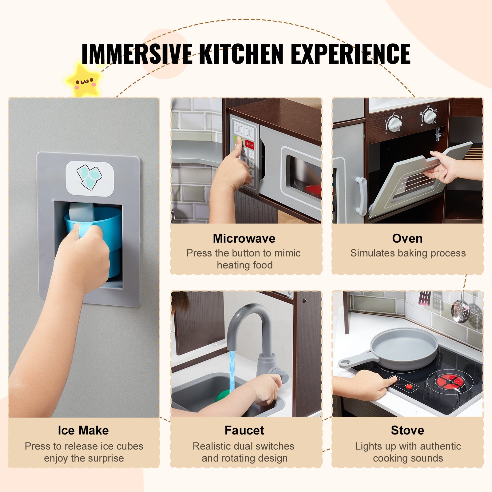 VEVOR Houten Hoekkeuken Speelgoedset met Lichten en Geluiden, Peuterkeuken met IJsmachine, Oven, Spoelbak, Klok, Magnetron, Koelkast en Accessoires, voor Peuters, Kleuters, Bruin