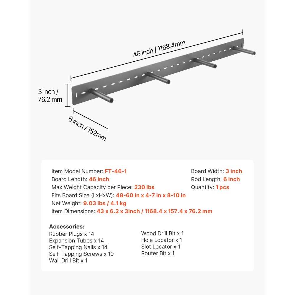 VEVOR Plankbeugel, 1 stuk, draagvermogen 104 kg, zware plankbeugel 1168,4 x 157,4 x 76,2 mm, plankdrager voor verborgen planken, onzichtbare beugel voor zwevende planken voor wandmontage