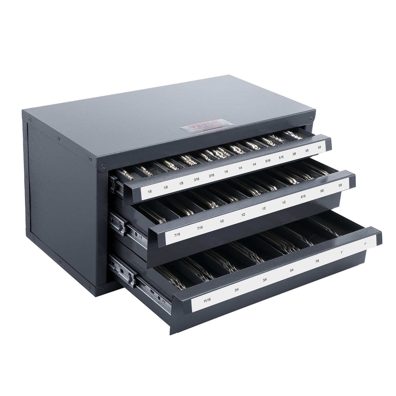 VEVOR Freesdispenserkast, freesorganizerkast met drie laden voor 1/8" tot 1", stalen freesdispenserorganizerkast met labels, stapelbaar met 29 compartimenten