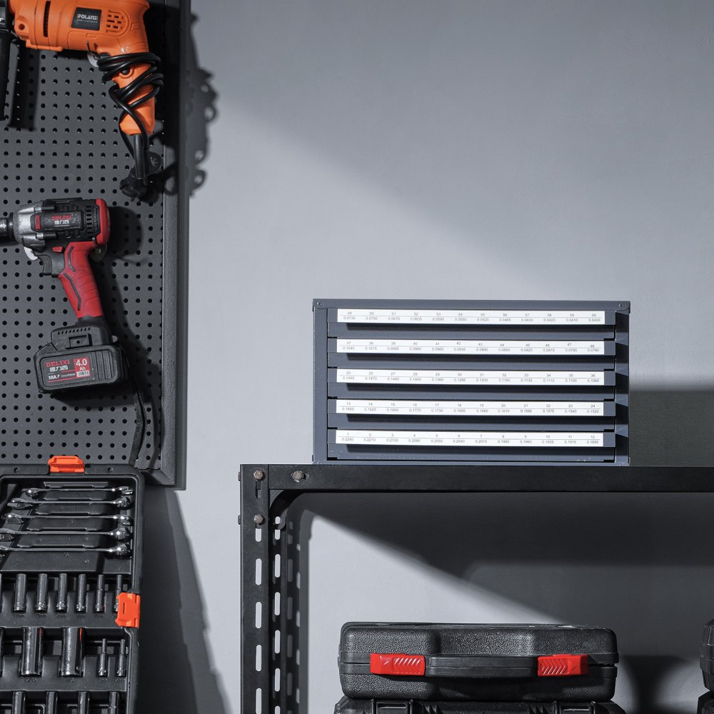 VEVOR Boorbit Dispenser Kast, Boorbit Organizer met Vijf Laden voor Boorbit Dispensers Nr. 1 tot Nr. 60 Gemaakt van Staal met Labels, Stapelbare Boorbit Dispenser voor het Opbergen van Boren en Graveerbits
