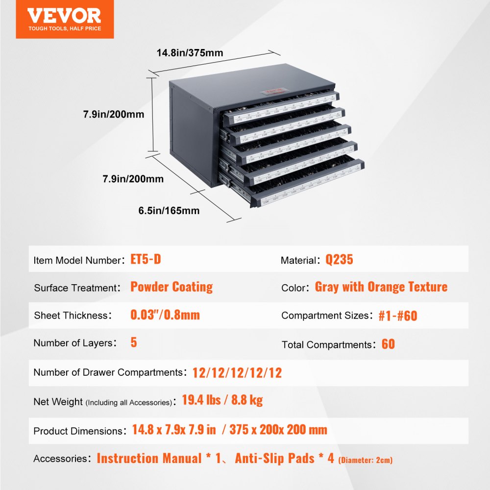 VEVOR Boorbit Dispenser Kast, Boorbit Organizer met Vijf Laden voor Boorbit Dispensers Nr. 1 tot Nr. 60 Gemaakt van Staal met Labels, Stapelbare Boorbit Dispenser voor het Opbergen van Boren en Graveerbits