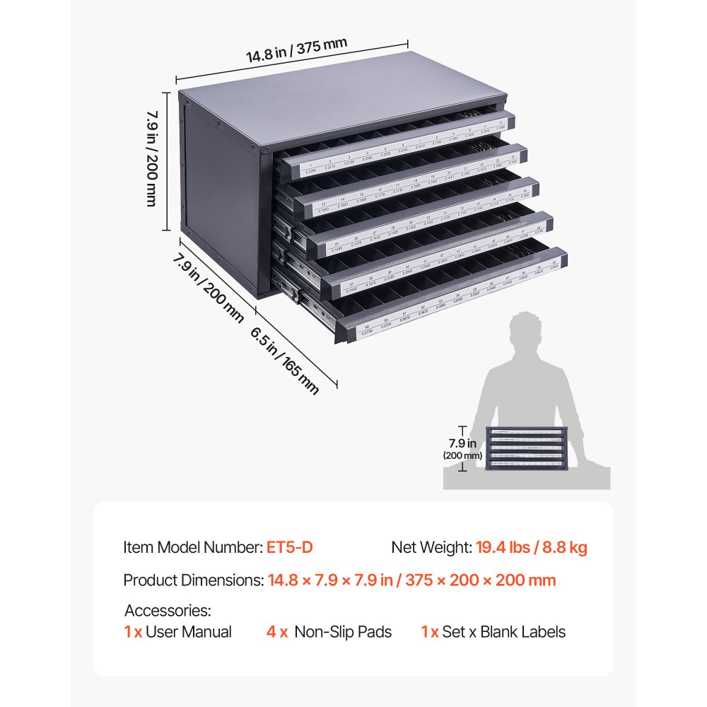 VEVOR Boorbit Dispenser Kast, Boorbit Organizer met Vijf Laden voor Boorbit Dispensers Nr. 1 tot Nr. 60 Gemaakt van Staal met Labels, Stapelbare Boorbit Dispenser voor het Opbergen van Boren en Graveerbits