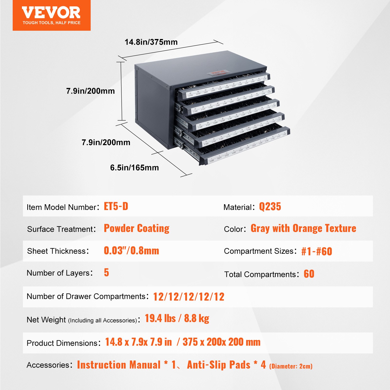 VEVOR Boorbit Dispenser Kast, Boorbit Organizer met Vijf Laden voor Boorbit Dispensers Nr. 1 tot Nr. 60 Gemaakt van Staal met Labels, Stapelbare Boorbit Dispenser voor het Opbergen van Boren en Graveerbits