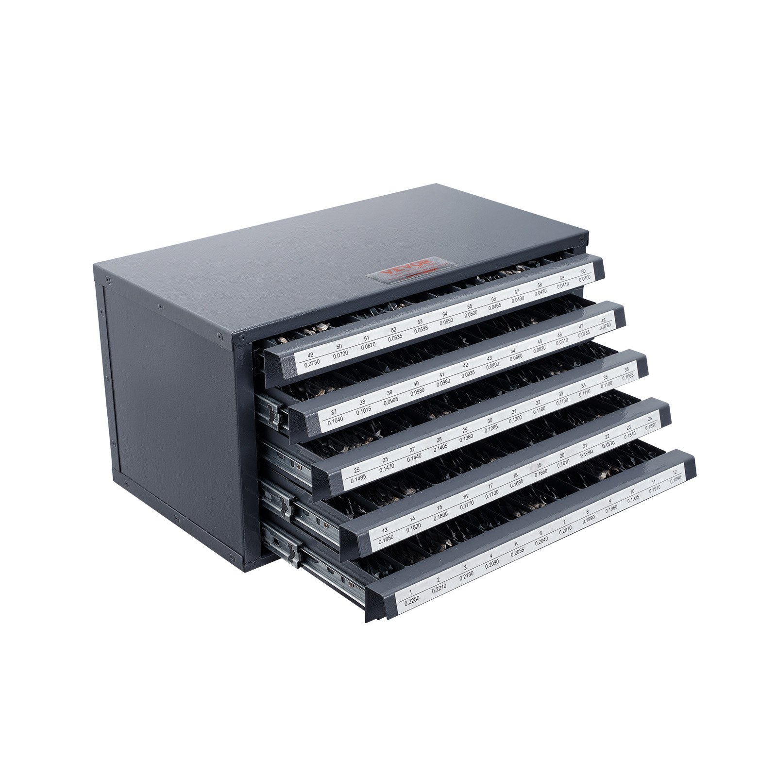 VEVOR Boorbit Dispenser Kast, Boorbit Organizer met Vijf Laden voor Boorbit Dispensers Nr. 1 tot Nr. 60 Gemaakt van Staal met Labels, Stapelbare Boorbit Dispenser voor het Opbergen van Boren en Graveerbits