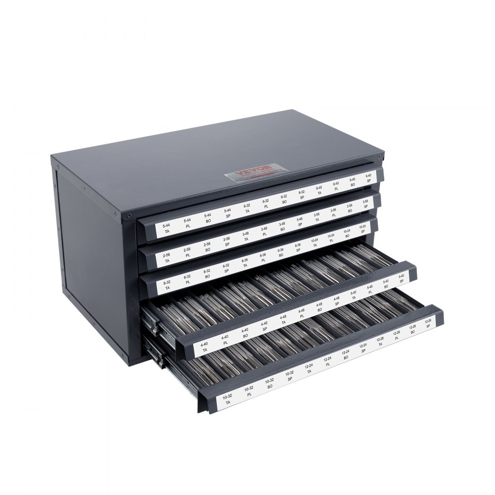 VEVOR Snijboordispenserkast, kraanorganizer met 5 lades voor #2-56-#12-28 boordispenserkast van staal met labels, stapelbare kast met 60 compartimenten grijs