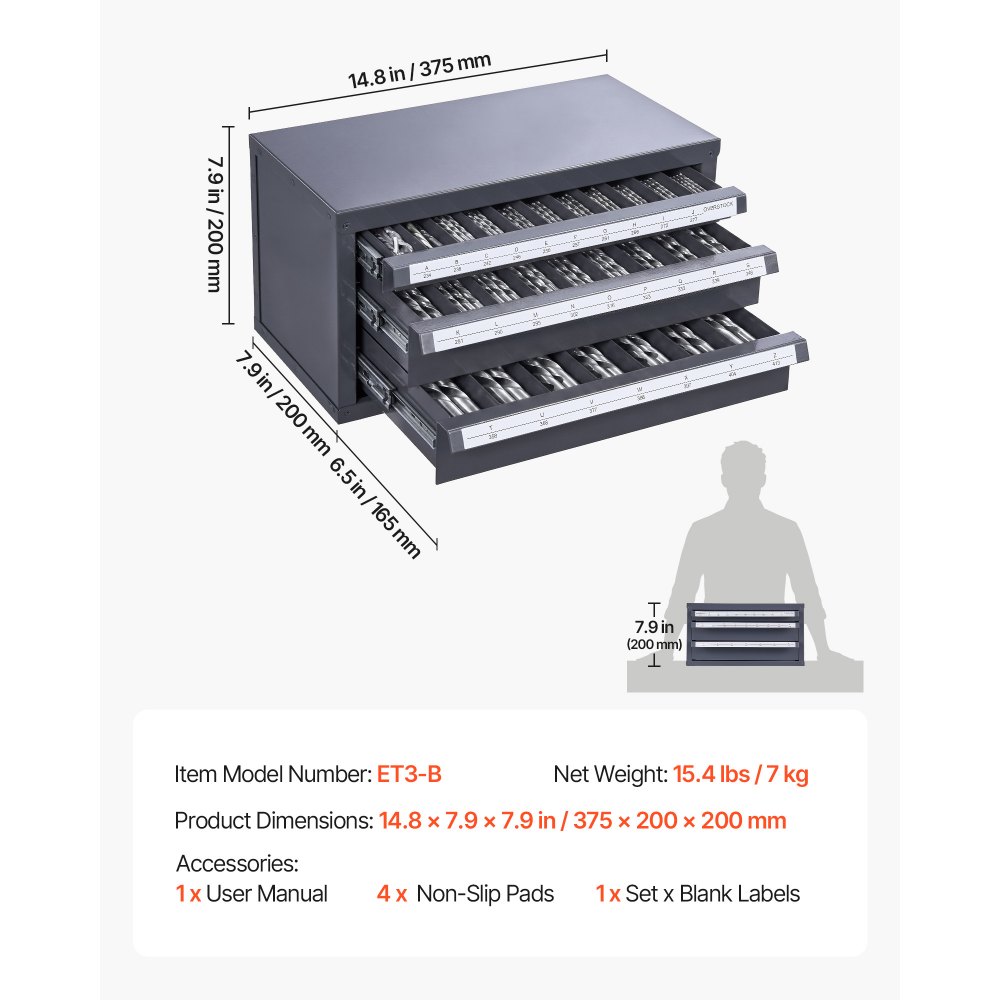 VEVOR Boorbit Dispenser Kast, Boorbit Organizer Kast met Drie Laden voor A tot Z, Stalen Boorbit Dispenser Organizer Kast met Labels, Stapelbare Boorbit Dispenser Opslag