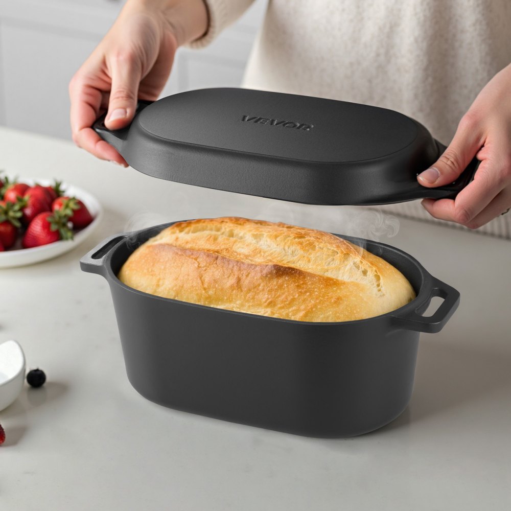 VEVOR Enameled Cast Iron Dutch Oven, 3.3L Pot with Lid and Dual Handles, Heavy-Duty Durable Cookware Pan, Oven Induction Compatible up to 260 ℃, for Braising, Stews, Roasting, Bread Baking, Black