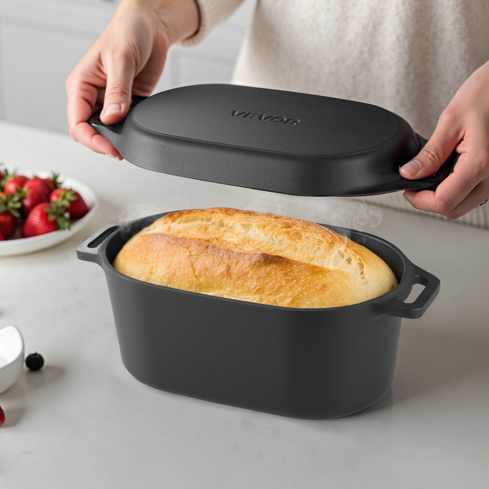 VEVOR geëmailleerde gietijzeren braadpan, 3,31 L braadpan voor het bakken van zuurdesembrood, robuuste kookpan met deksel en handgrepen, geschikt tot 260 °C, broodpan voor stoofschotels om te koken en te frituren